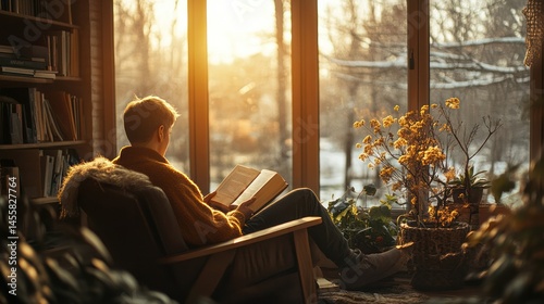 Cozy indoor scene of a young man relaxing in armchair by large window reading a book du sunset with warm sunlight, indoor plants, and soft lighting creating peaceful atmosphere photo
