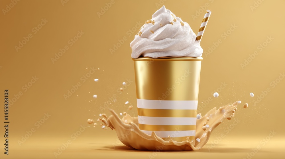 Creamy Dessert Treat in Golden Cup with Whipped Topping and Straw