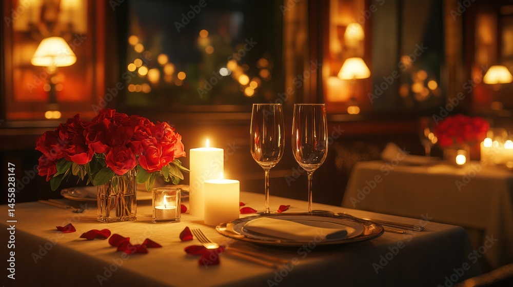 Cozy romantic dinner setup with candlelit table decorated with red roses and rose petals in a warm elegant restaurant perfect for date nights and special occasions Cozy romantic dinner setup with candlelit table decorated with red roses and rose petals in a warm elegant restaurant perfect for date nights and special occasions