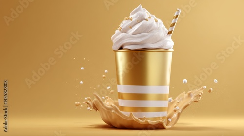 Obraz na płótnie Creamy Dessert Treat in Golden Cup with Whipped Topping and Straw w salonie