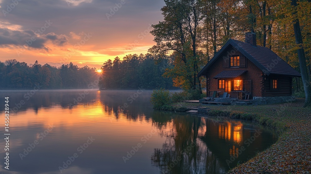 Fototapeta premium Cozy cabin by tranquil lake at sunrise. 