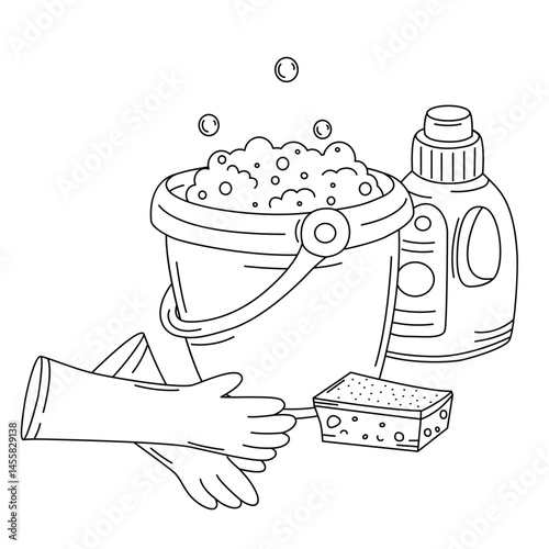 Cleaning Supplies with Bucket and Detergent Illustration