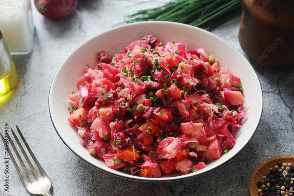 A bowl with Vinegret salad, a typical Russian dish