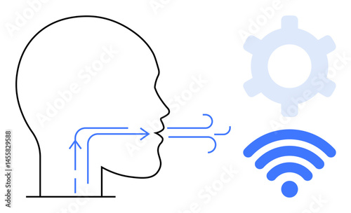 Profile of human head with sound waves connecting to wireless and gear. Ideal for communication, AI, voice recognition, automation, technology, innovation, digital transformation. Flat simple