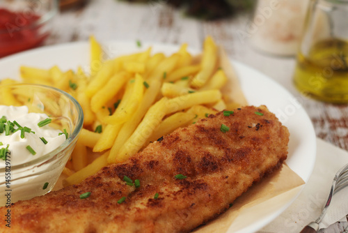 Obraz na płótnie Fish and chips served on the plate, traditional dish of Great Britain w salonie