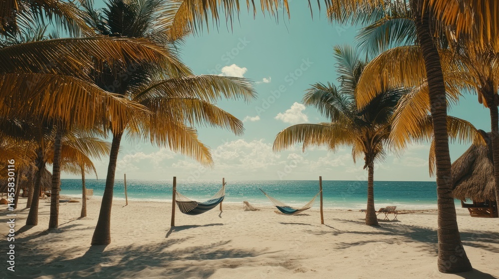 Obraz premium Tropical beach hammocks relaxation scene