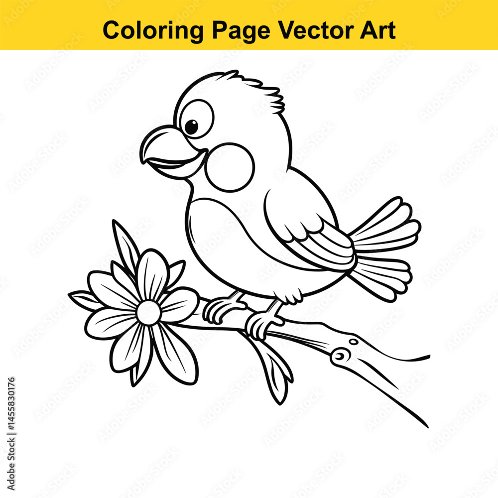 Fototapeta premium Cute Cartoon Bird on Branch with Flower Coloring Page