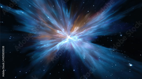 Deep blue night sky with supernova explosion casting bright cosmic light and energy