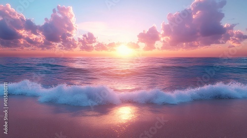 Tranquil dusk beach vista. Soft blush sand, turquoise sea, lavender sky. Ideal for travel, wellness, romantic backgrounds, vacation promos, serene landscapes.