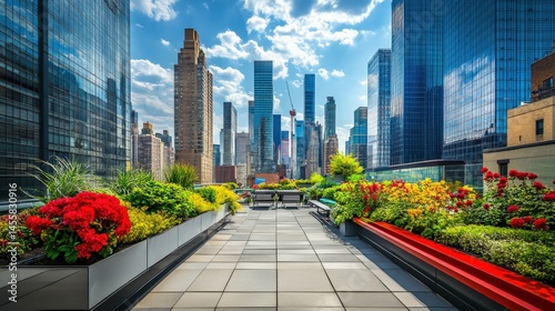 Vibrant Rooftop Garden Overlooking Urban Cityscape with Skyscrapers photo