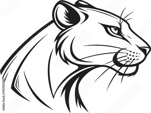 Elegant Lioness Head Illustration in Black and White Vintage Line Art Style