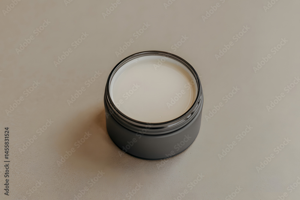 A circular container with a white substance on a neutral light gray surface A circular container with a white substance on a neutral light gray surface