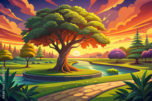 Peaceful park landscape with lush green grass and a solitary tree glowing under warm sunset light. Ideal for nature vector, relaxation, urban parks, and outdoor scenery themes