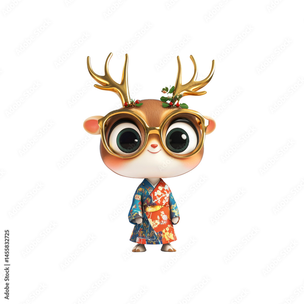 Naklejka premium Adorable Anime-Style Deer in Kimono with Golden Antlers and Glasses