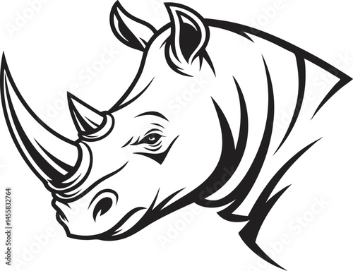Black and White Rhinoceros Head Illustration in Vintage Engraving Style