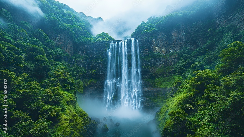 Fototapeta premium A majestic waterfall cascading down a rocky cliff face, surrounded by lush greenery and mist in the air.