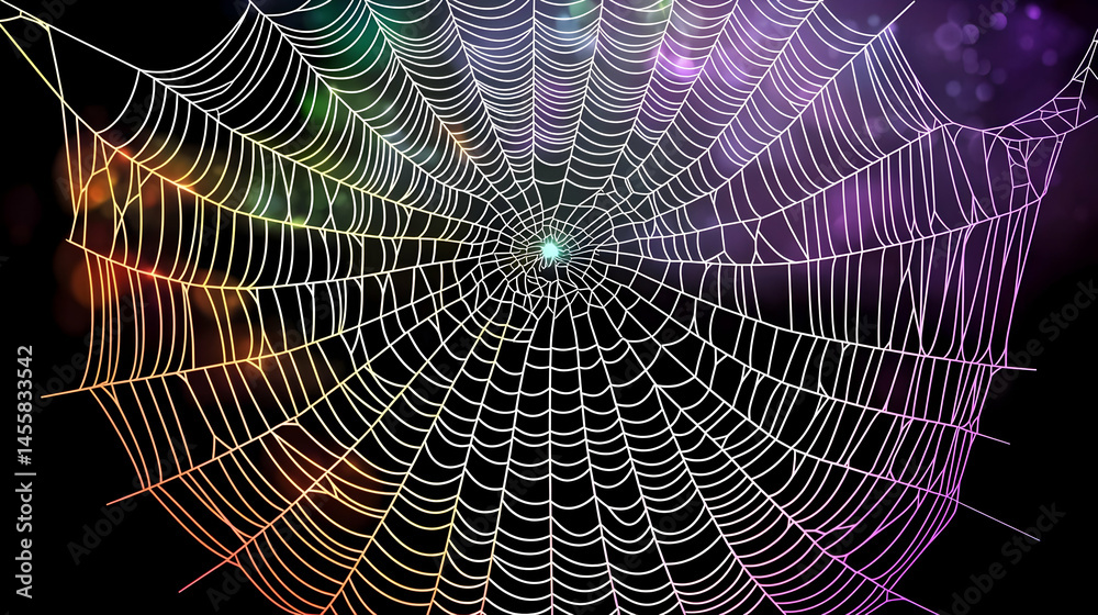Naklejka premium A vibrant spiderweb against a backdrop of colorful nebulae, radiating outwards. Intricate design with a central hub