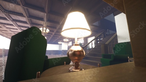 Close up shot of illuminated lamp next to green armchairs and classic wooden bookshelves, adding rustic and cozy vibes to traditional home library reading room, 3D rendering
