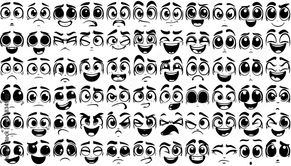 Obraz premium Cartoon face icon set with 66 black and white expressions. Includes happy, sad, angry, surprised, and funny emotions. Perfect for emoji packs, comics, UI design, and character art.