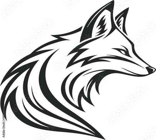Stylized Fox Head Illustration in Black and White Vintage Line Art