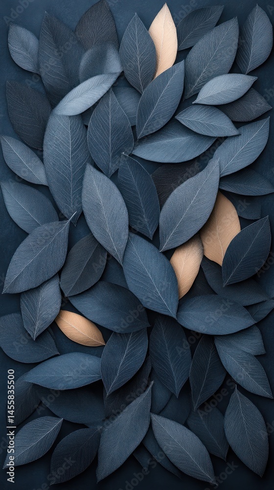 Obraz premium A close-up arrangement of various shades of blue and peach leaves, layered and densely packed, creating a textured visual