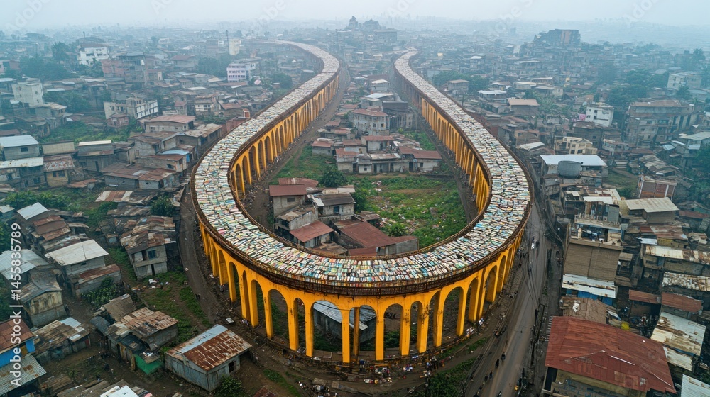 Fototapeta premium Aerial view of a large, yellow, arch-supported highway looping through a dense city, covered with discarded items