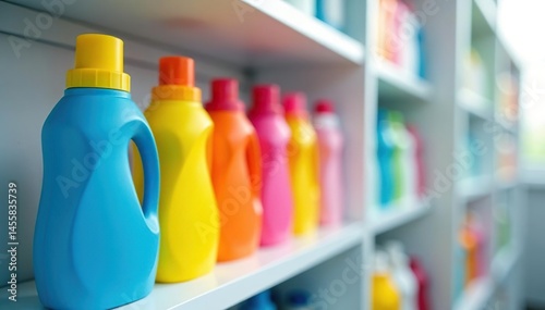 Brightly colored laundry detergent bottles on a shelf , detergent, colorful