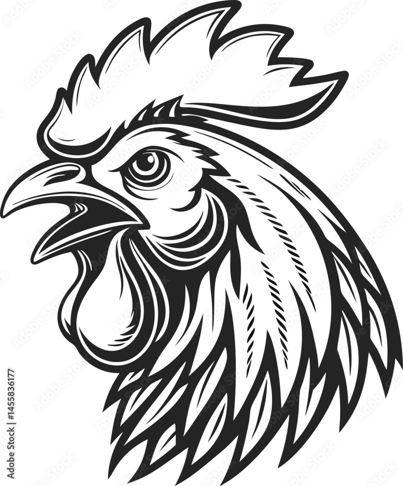Obraz premium Vintage Rooster Head Illustration in Black and White Engraving Style