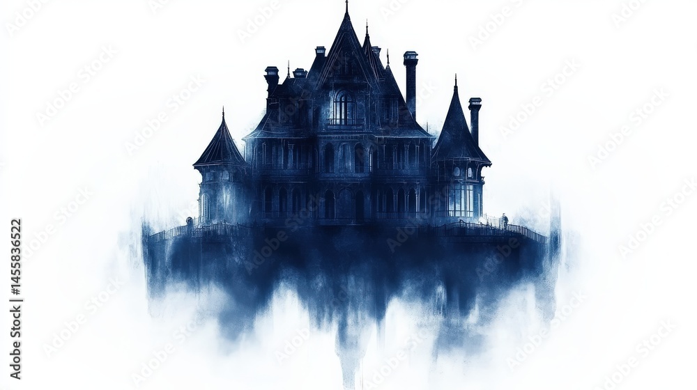 Obraz premium Mysterious Gothic House Shrouded in Fog and Mystery at Night