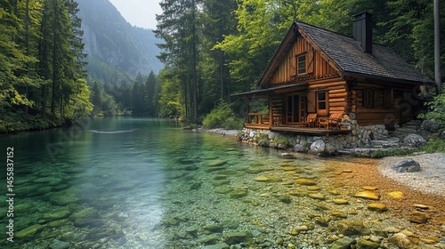 A peaceful scene of a rustic wooden cabin nestled beside a clear, flowing river in a secluded forest.