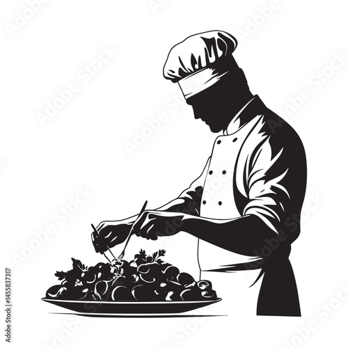 Chef arranging salad simple minimal black silhouette