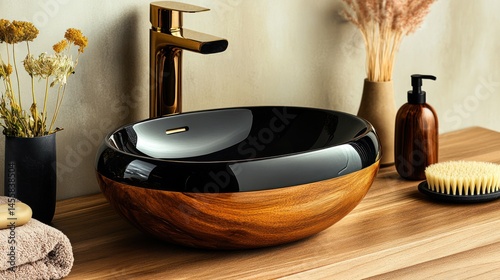 Modern, dark-toned bathroom sink with a wooden bowl and black glossy finish.  Elegant design with gold accents