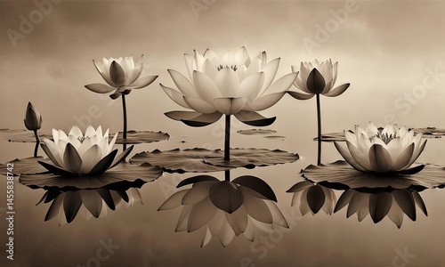 Tranquil Lotus Flowers With Reflection On Water