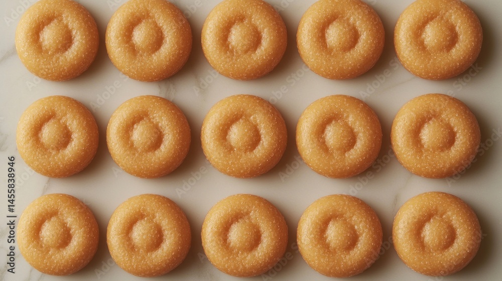 Round, light orange cookies arranged in a grid pattern on a light surface. Detailed view of the cookies' texture and shape Round, light orange cookies arranged in a grid pattern on a light surface. Detailed view of the cookies' texture and shape