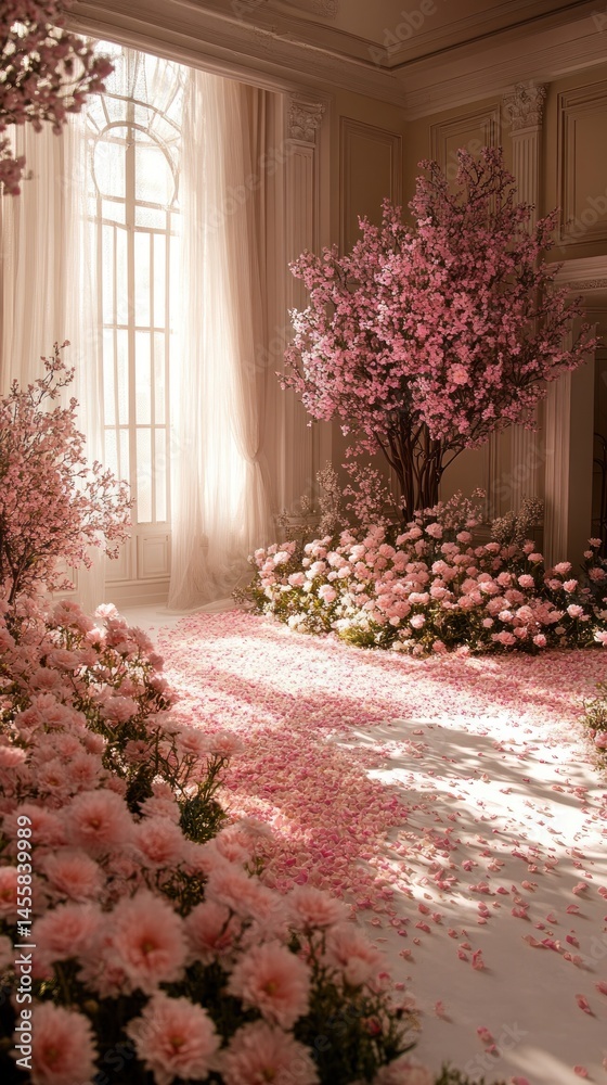 Fototapeta premium A light-filled room adorned with abundant pink flowers and petals, creating a romantic ambiance