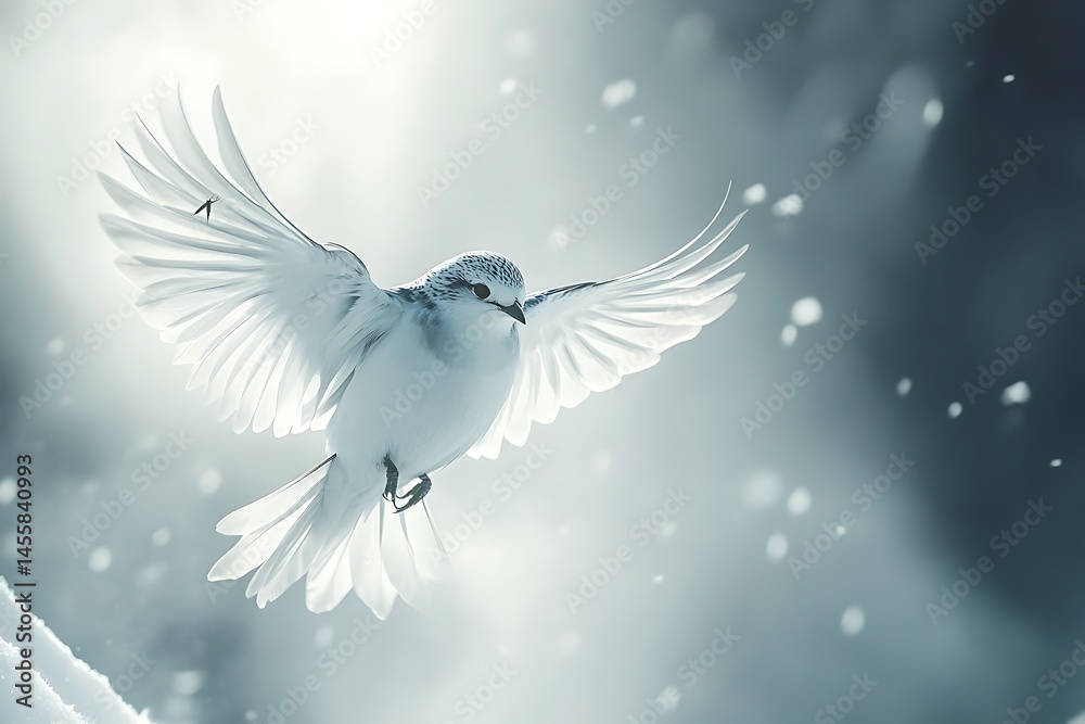 Fototapeta premium Winter bird in flight, snowy background