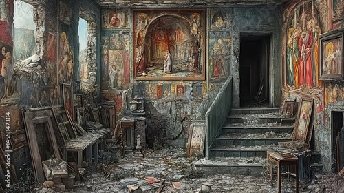 Intricate interior scene showcasing unique architectural details and a collection of eclectic artwork fostering creativity and reflection