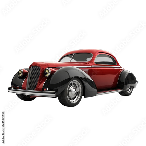 Classic 1930s vintage car showcased in a vibrant red and black color scheme with a sleek design parked outdoors