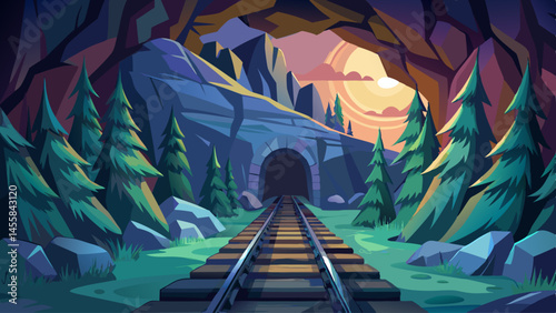 A railway track disappears into a dark mountain tunnel