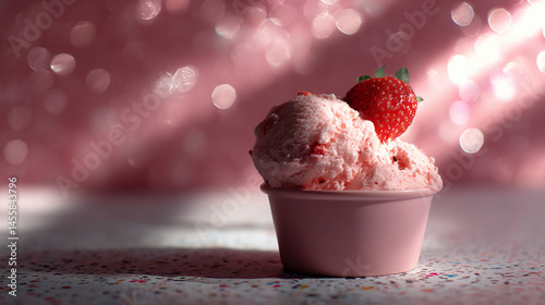Delicious strawberry ice cream served in a pink transfuse the perfect sweet goody for summer, dessert, or food concepts.