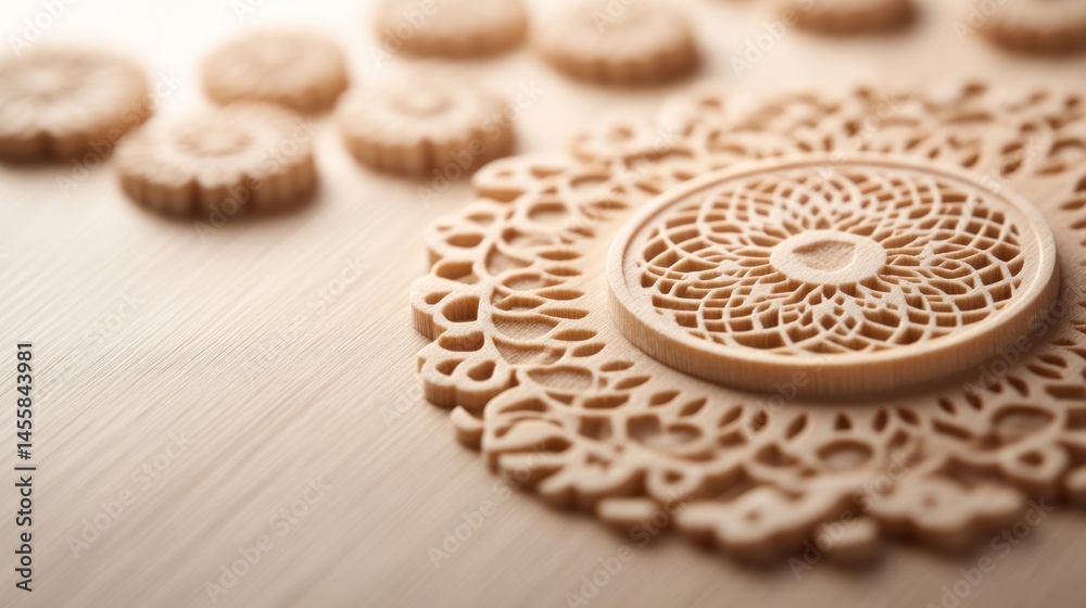 Obraz premium Light beige, decorative, circular, patterned cookie cutters, on a light wooden surface