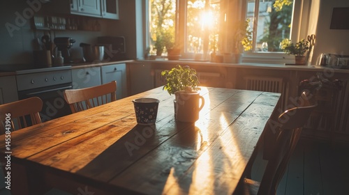 Sunlit rustic kitchen table with plant and mug