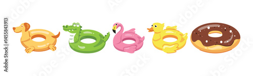 A colorful collection of inflatable pool floats featuring various animals and a chocolate donut, perfect for adding fun and relaxation to your summer swimming pool activities.