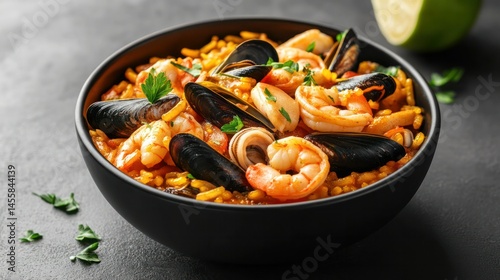 Hearty seafood paella in black bowl with shrimp mussels and saffron rice garnished with herbs on dark textured background with lime wedge photo