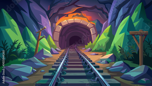 A railway track disappears into a dark mountain tunnel