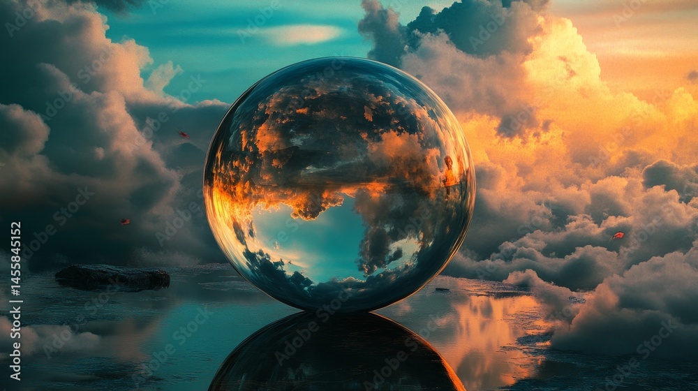Glass globe reflecting the earth's continents against a colorful sunset sky Glass globe reflecting the earth's continents against a colorful sunset sky