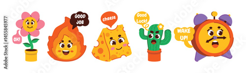 A whimsical illustration showcasing a group of cheerful cartoon characters, including a flower, flame, cheese, cactus, and alarm clock, each expressing a different sentiment in speech bubbles.