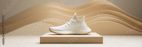 Minimalist white sneaker on a beige pedestal, styled against a backdrop of flowing beige waves