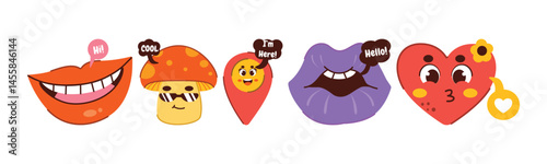 A vibrant and playful illustration featuring a collection of funky cartoon characters, including lips, a mushroom, a heart, and a location icon, all exuding cheerful and positive vibes.