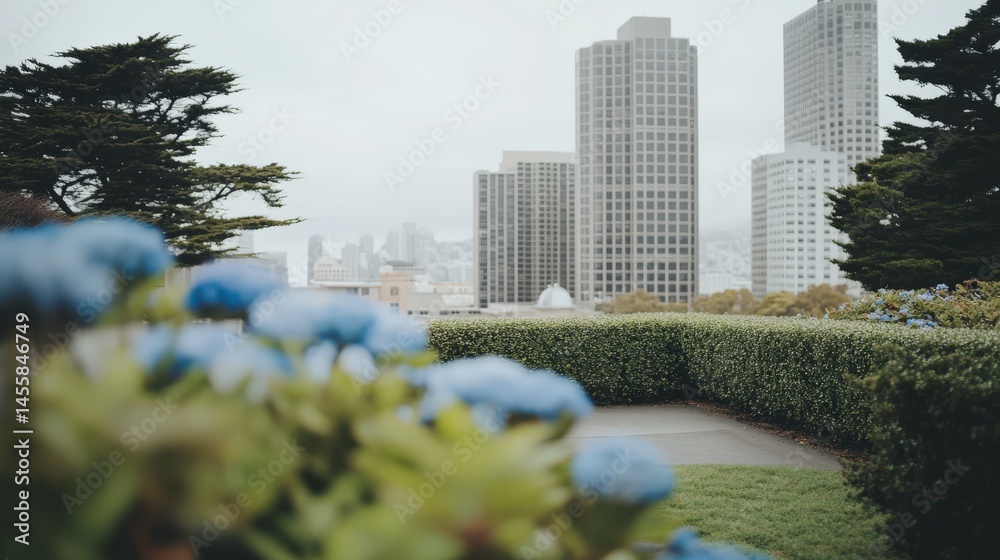 Fototapeta premium Urban Landscape With Blue Flowers and Skyscrapers in Background